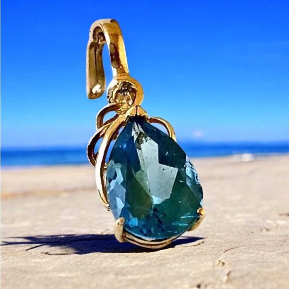 Vintage 14K Gold Blue Topaz Snap On Enhancer Pendant w/Diamond Accent 585 2.31g